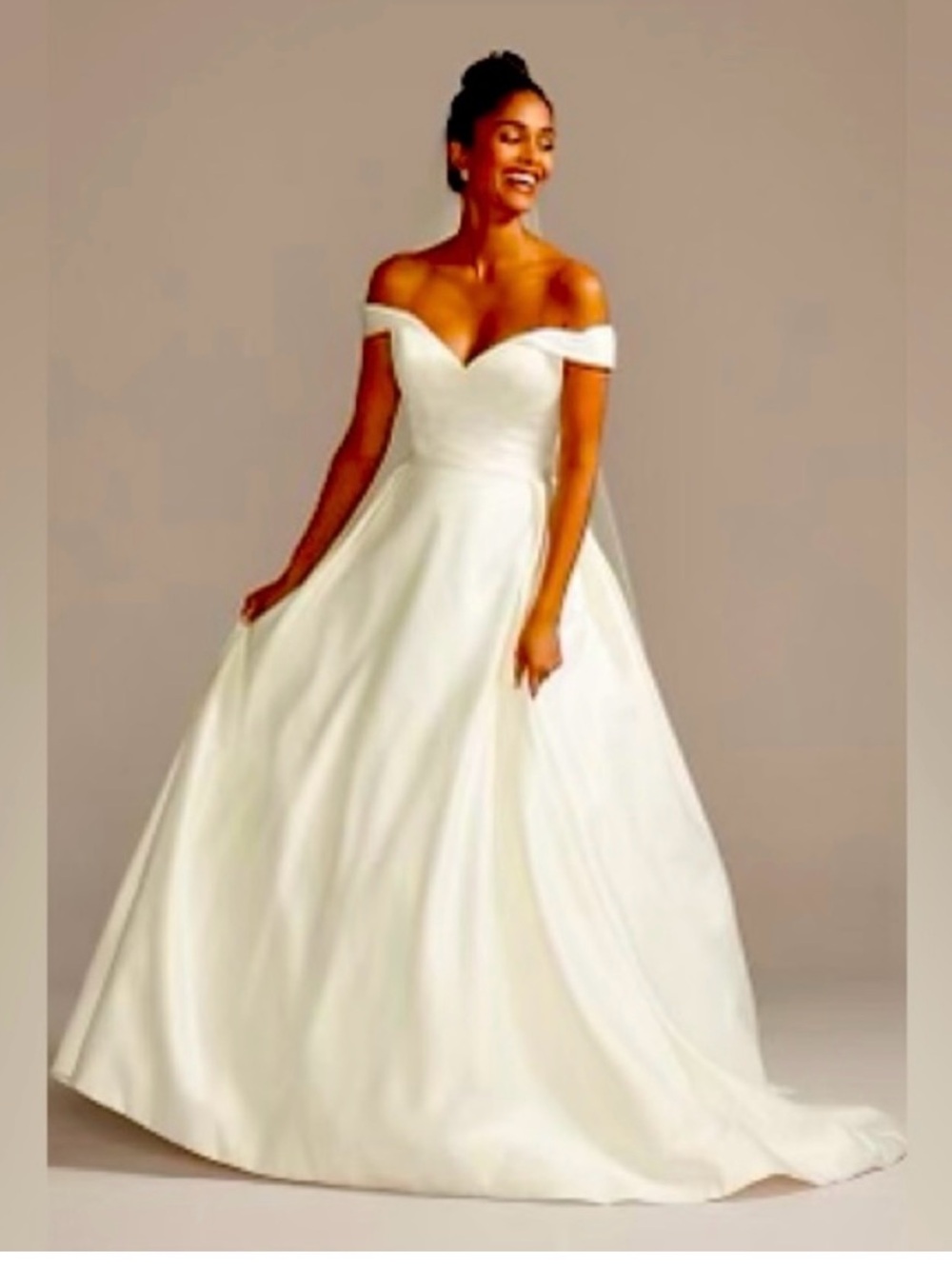 David's Bridal Off-the-Shoulder Ivory Ball Gown Wedding Dress